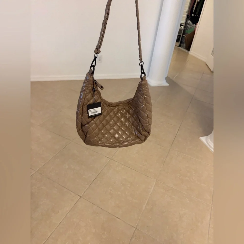 Quilted Pattern Tan Shoulder Bag With Crossbody Strap .